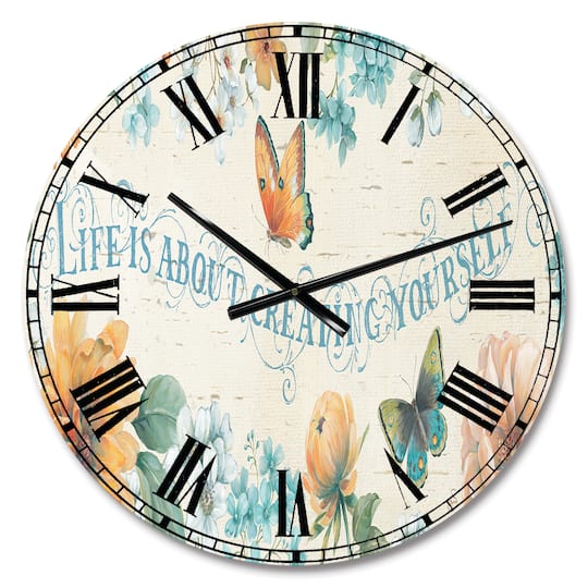 Designart Butterfly Bloom Lovely Quote Farmhouse Wall Clock